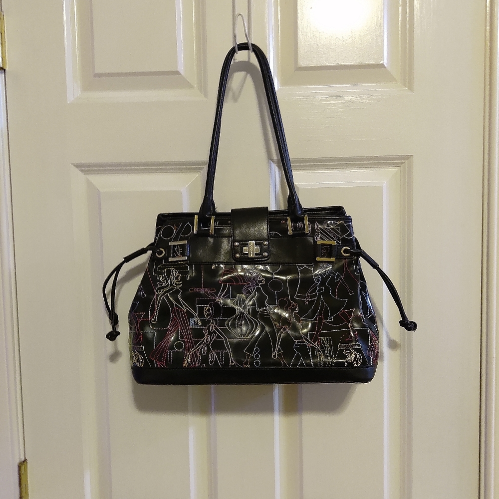 Vintage BCBG Black Patent Leather/Embroidered Handbag. 10" x 13"
